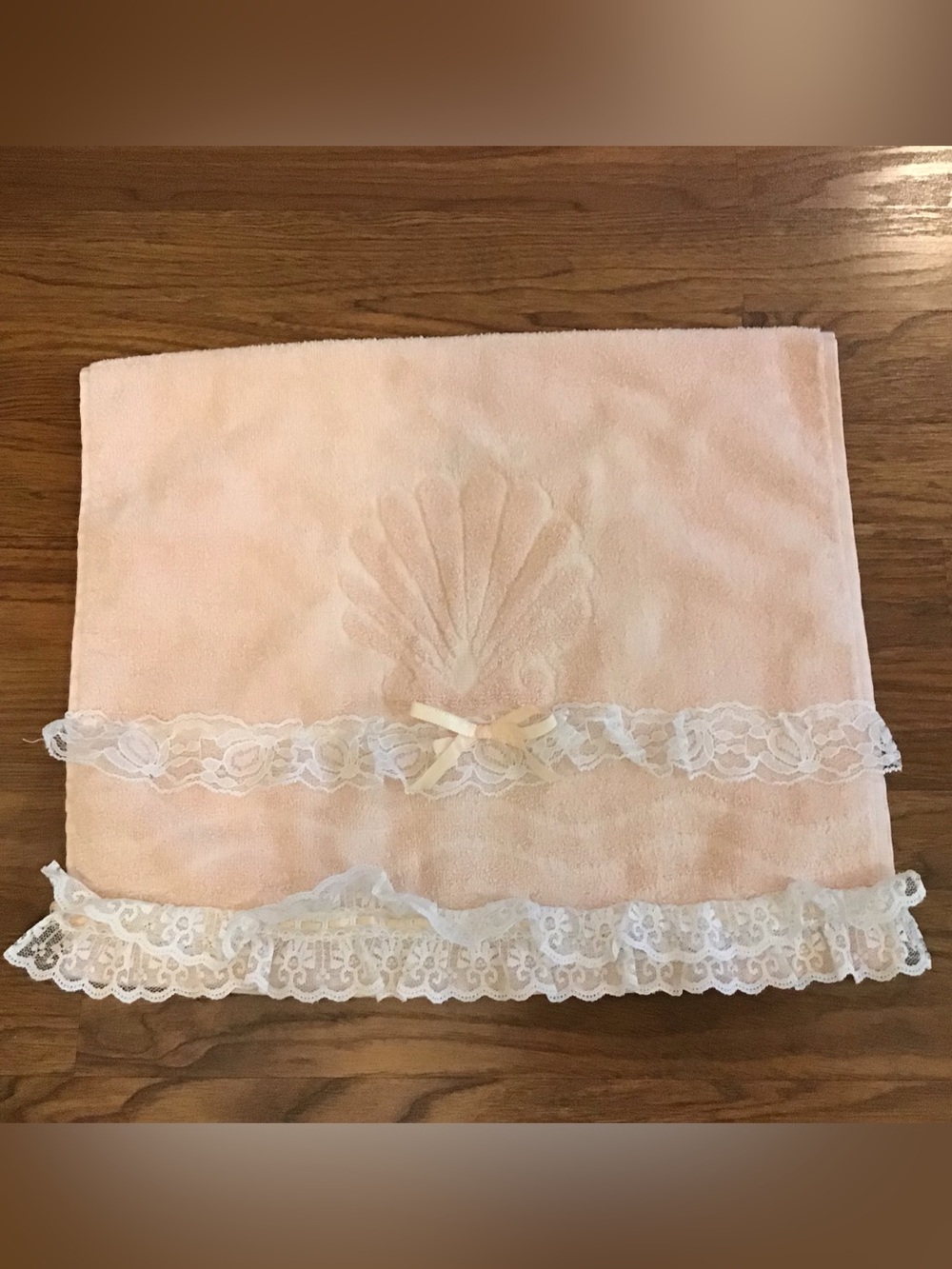 Vintage Cannon Classic Shell hand towel with lace and satin bow trim